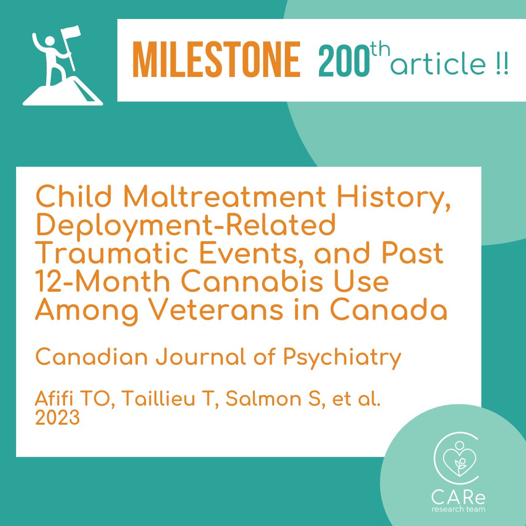 Childhood Adversity and Resilience (CARe) Research (@careresearchum) on Twitter photo We're glad to announce Dr. <a href="/TracieAfifi/">Dr. Tracie O. Afifi</a>'s 2️⃣0️⃣0️⃣th publication 👏 #newresearch #childmaltreatment #Trauma #cannabisuse #veterans <a href="/CAReResearchUM/">Childhood Adversity and Resilience (CARe) Research</a> <a href="/TheCJPsych/">The Canadian Journal of Psychiatry</a>
Don't miss the full open-access article:
doi.org/10.1177/070674… We're glad to announce Dr. <a href="/TracieAfifi/">Dr. Tracie O. Afifi</a>'s 2️⃣0️⃣0️⃣th publication 👏 #newresearch #childmaltreatment #Trauma #cannabisuse #veterans <a href="/CAReResearchUM/">Childhood Adversity and Resilience (CARe) Research</a> <a href="/TheCJPsych/">The Canadian Journal of Psychiatry</a>
Don't miss the full open-access article:
doi.org/10.1177/070674…