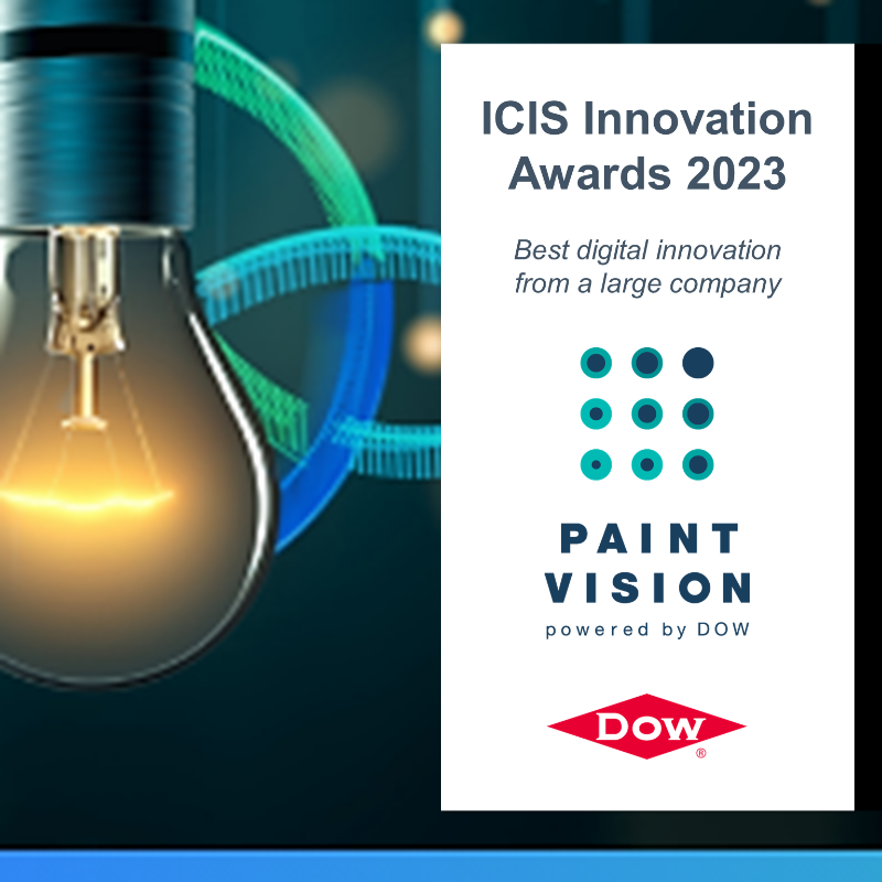 DowNewsroom's tweet photo. DOW™ Paint Vision helps formulators achieve performance targets faster and more efficiently across the coatings value chain—addressing market trends, pricing &amp; regulatory considerations.

See why the @ICISOfficial Innovation Awards named it the 2023 Best Digital #Innovation. #AI