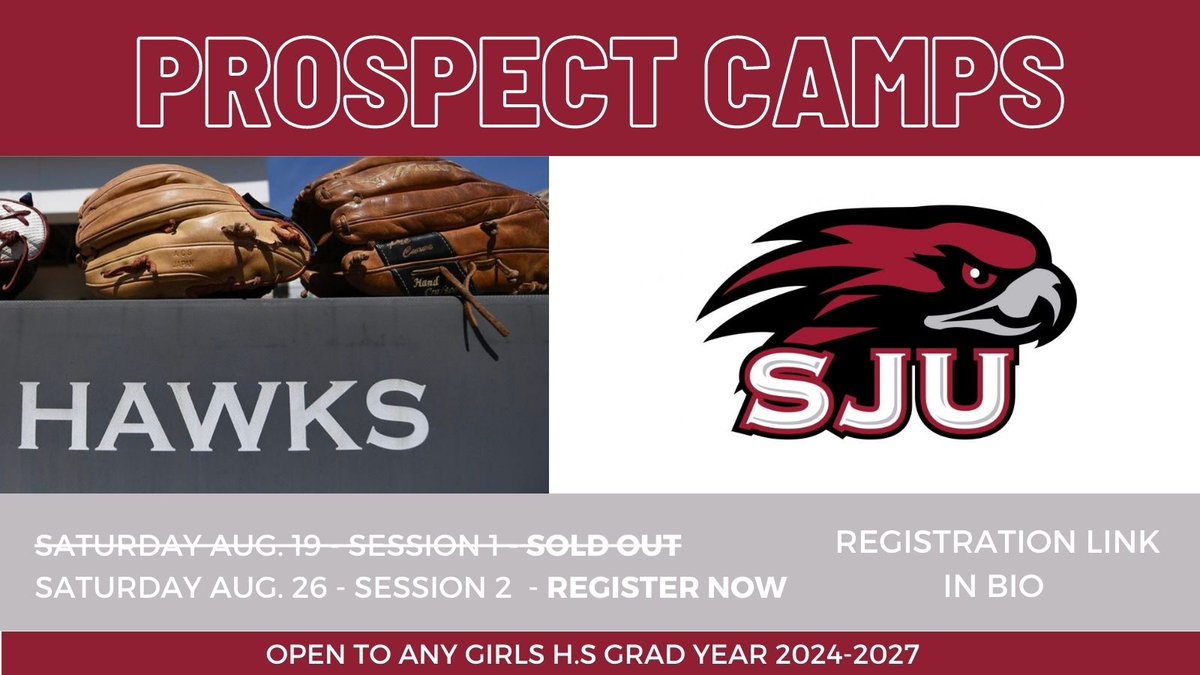 🚨SPOTS AVAILABLE 🚨

Do not miss the opportunity to come camping with us ⛺️

We have sold out for August 19th but there are still limited spots available for August 26th. Sign up now! ⤵️

info.collegesoftballcamps.com/sjuhawks/