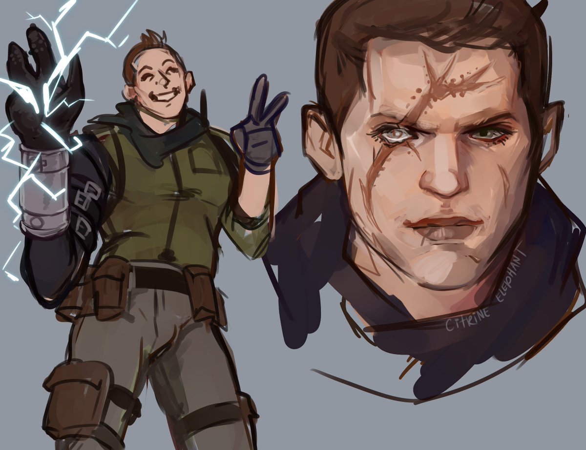 citrineelephant's tweet photo. very quick (2 hour) warm up sketch of the whole "piers nivans, but he lives! au" i forgot his scars on the mutant arm part lol

his arm is in time out after reconstruction only got so far. no mutation oopsies allowed.
he keeps the shocky shocks

#residentevil https://t.co/iqHIpcMKSM
