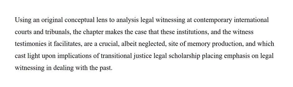 Very honored and exited to have published my chapter in the Elgar Research Handbook on Transitional Justice (2nd Edition) which explores legal witnessing as a discussive process and the implication of this for transitional justice. #transitionaljustice #ICL