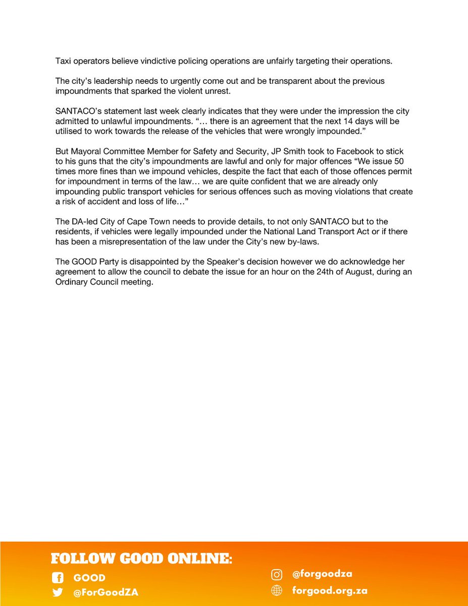 ForGoodZA's tweet image. PRESS RELEASE: City of Cape Town Speaker Felicity Purchase has denied GOOD’s request for an urgent  council meeting to debate the #TaxiStrike as a matter of urgent public importance.

As the GOOD party, we find the response disrespectful to the residents of Cape Town. 1/4
