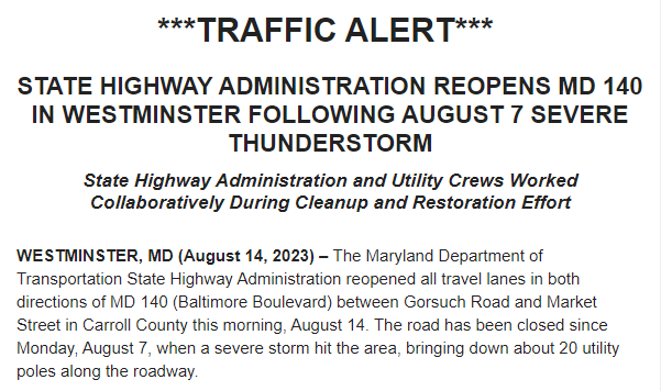 Good news #CarrollCountyMaryland MD-140 is now open

#MdTraffic