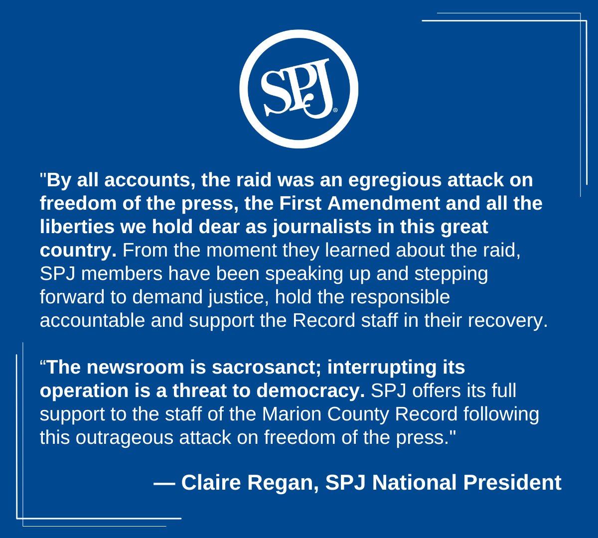 SPJ is deeply concerned about the raid on the Marion County Record. SPJ is offering help covering up to $20,000 in legal fees for the newsroom, and condemns this brazen action taken by law enforcement to stop the flow of information. spj.org/news.asp?ref=2…
