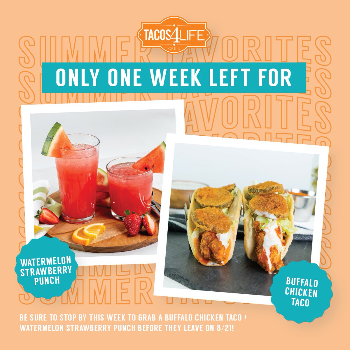 Our ☀️summer☀️ favorites are about to say goodbye! Be sure to stop by THIS WEEK to grab a Buffalo Chicken taco and Watermelon Strawberry Punch before they leave on 8/21! 

#LimitedTimeOnly #WatermelonStrawberryPunch #BuffaloChickenTaco #Tacos