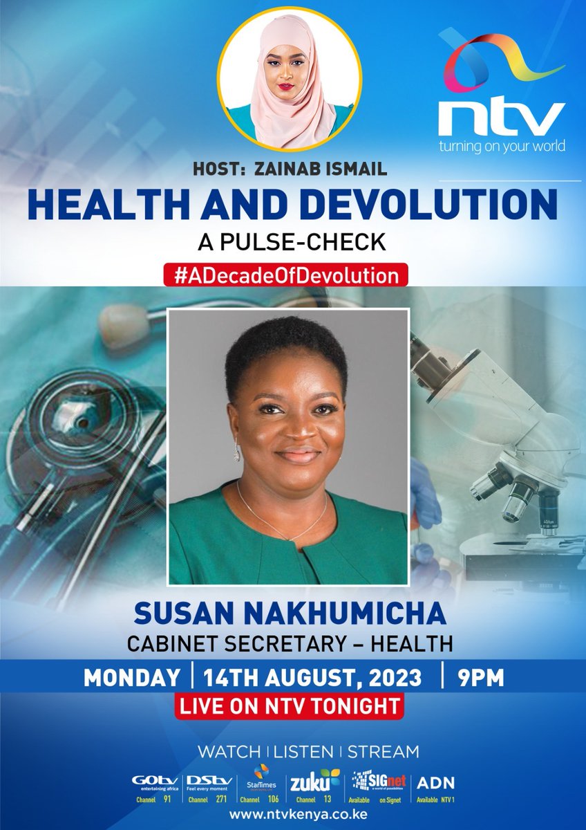 TONIGHT, as we kick-off our special coverage of #ADecadeOfDevolution, we take a pulse-check on Health: Is devolution breathing life into it, or suffocating this sector of life and death? Health Cabinet Secretary Susan Nakhumicha, LIVE on #NTVTonight, at 9pm. Any Questions?