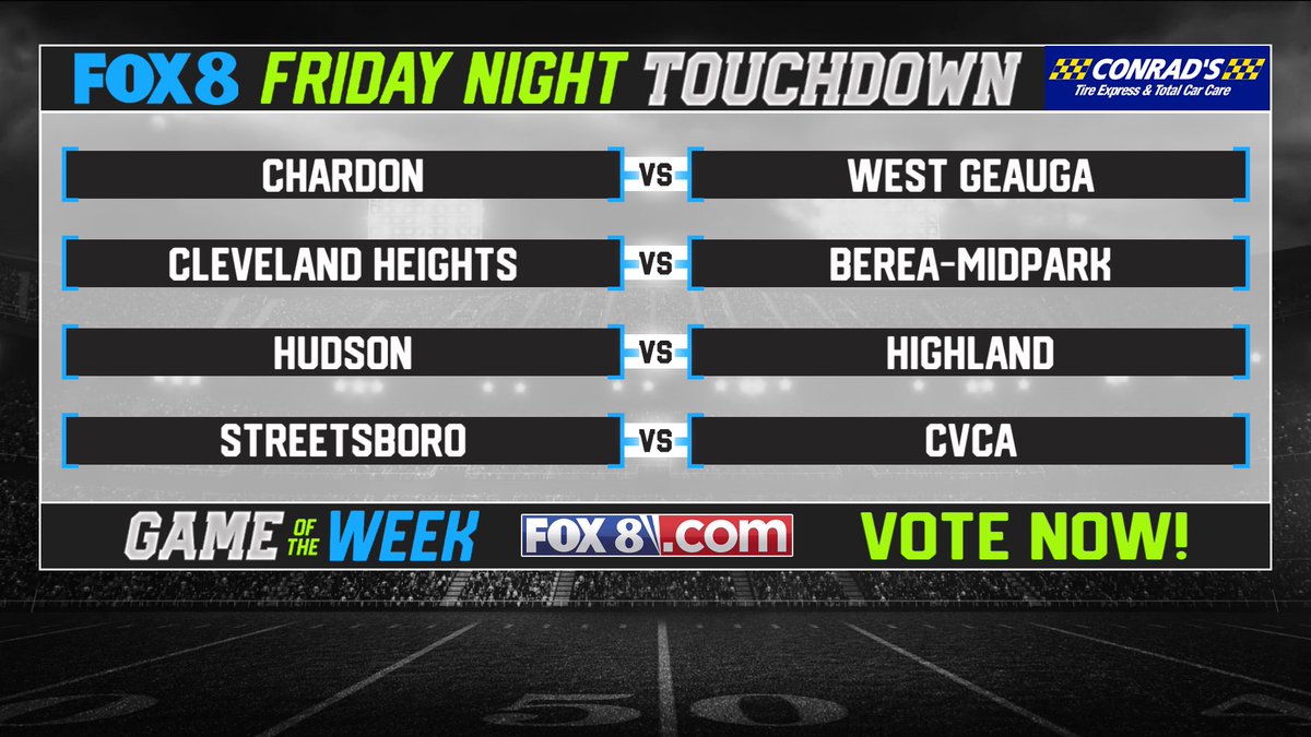 FOX8FNTD's tweet photo. Season #27 of Friday Night Touchdown kicks off this Friday, August 18th at 11:00 p.m.

Here are the Nominees for the first #FOX8 Game of the Week of 2023: 
- @toppernation at @WestGAthletics
 
- @GoHeightsTigers at @AthleticsBMHS
 
- @HudsonOHSports at @HornetAthletic
 - @StrBoroFootball at @cvcafootball
 Head over to https://t.co/6QJJ3bsWMe to Vote
 
@PJFOX8 will announce the winning game Thursday on .@fox8news at 10:00 p.m.
&
@KenCarman will cover the game Friday night!