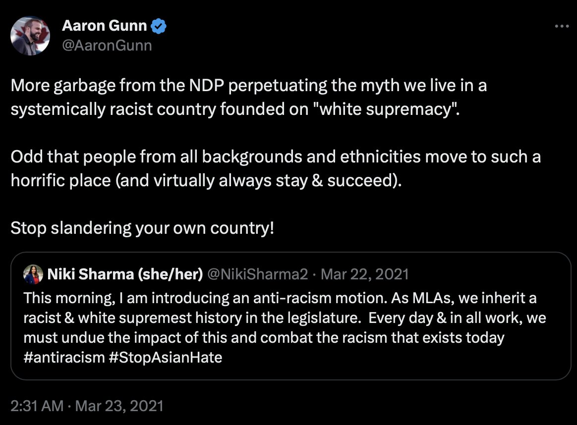 atRachelGilmore's tweet photo. Cool to see that, in defending himself against a story that highlighted his embrace of conspiratorial rhetoric,  Poilievre is retweeting ardent support from

 *checks notes* 

Aaron Gunn, who has tweeted that the gender pay gap isn't real and systemic racism is a "myth."

Nice!! https://t.co/0cLWTDhfjJ