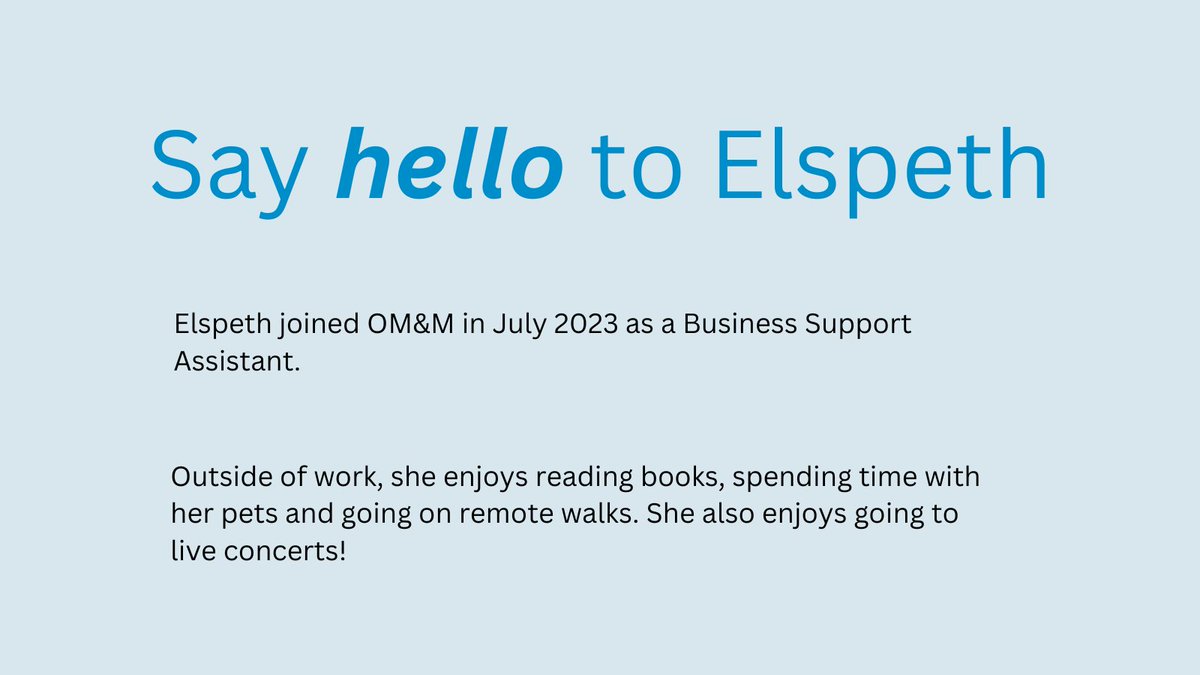 ommlaw's tweet photo. Join us in welcoming our newest staff member, Elspeth Eley! 👋
Elspeth has joined us as a Business Support Assistant.
Welcome to the team Elspeth! It's great to have you onboard 💙
#welcome #staffmember #teamomm https://t.co/IOY2fzyhKi