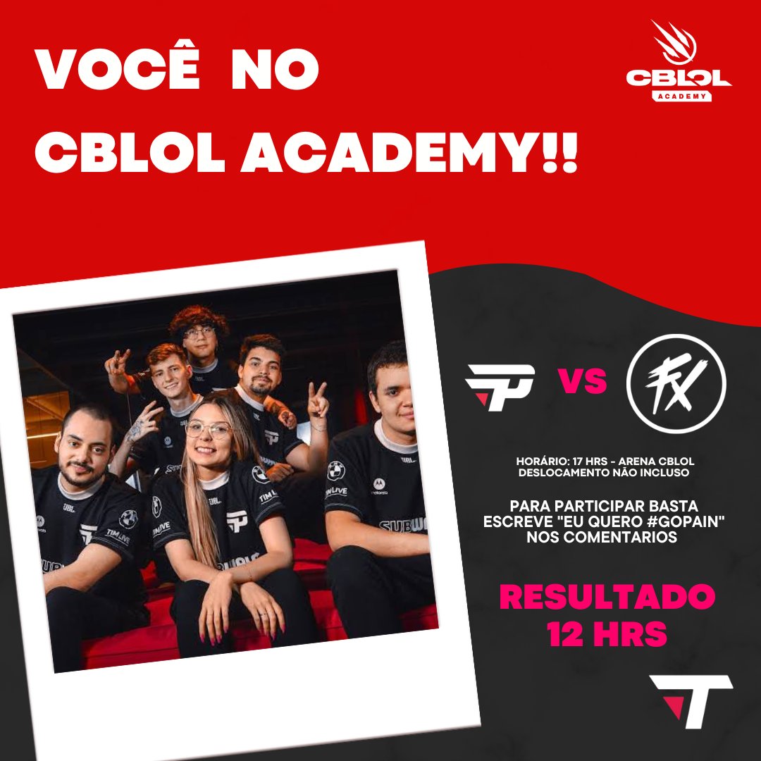 TOTradicionais's tweet photo. Quem tá afim de ir torcer pra nossa baby paiN ir arregaçar o fluxo no academy hoje ?
Comente "eu quero #gopain" nos comentários e vamos entrar em contato!!
#gopain #somostot https://t.co/GgRIHgiEZ3