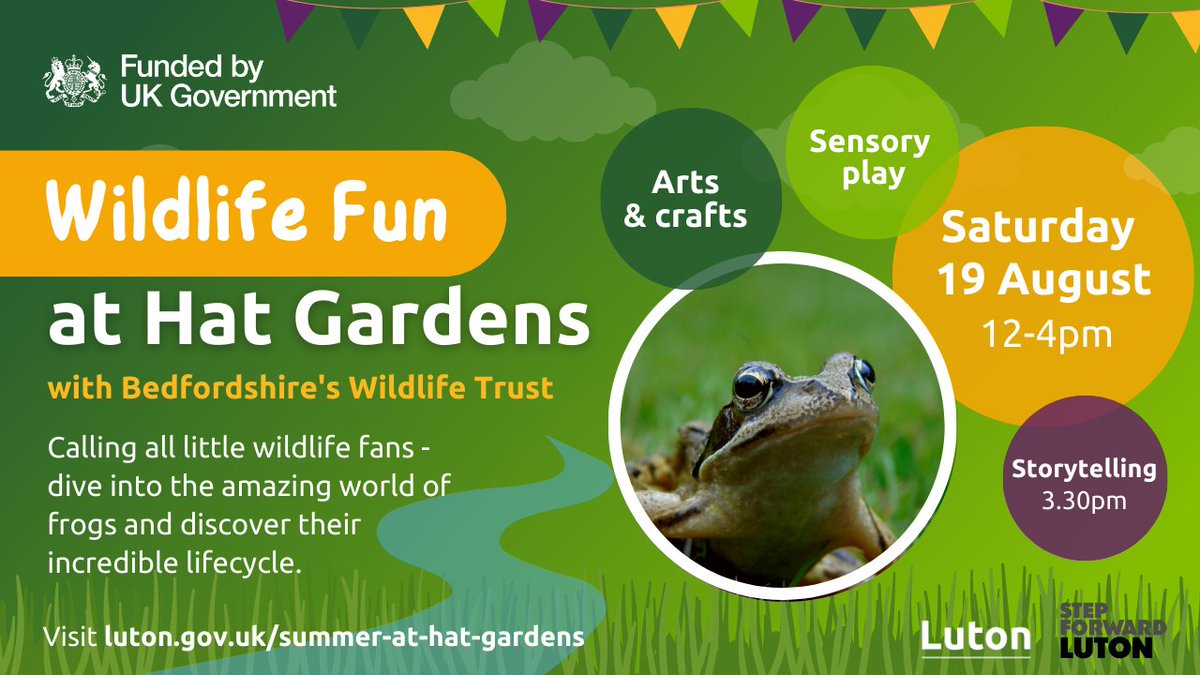 🐸 Calling all little wildlife fans.

🌿 Join us this Saturday at Hat Gardens to dive into the captivating world of frogs and learn about their unique lifecycle with <a href="/wildlifebcn/">The Wildlife Trust for Beds, Cambs & Northants</a>.

🔍 Get ready for an afternoon filled with fun, learning and creativity.

👉 luton.gov.uk/summer-at-hat-…