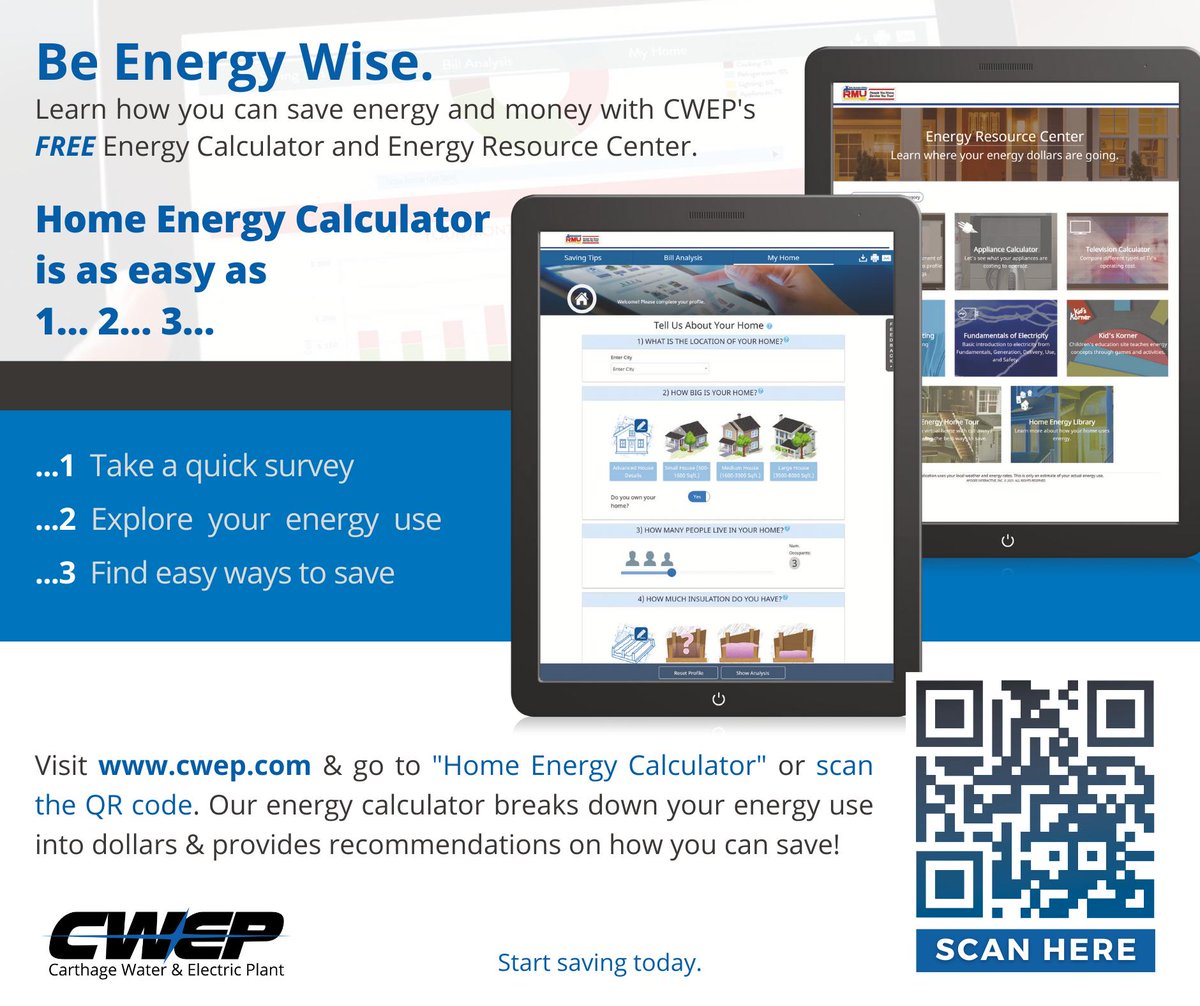 cwep_carthagemo's tweet image. This Summer has been a HOT one! 🥵  Are you doing all you can to make your home more energy efficient? Check out our home energy calculator to learn how 𝗬𝗢𝗨 𝗖𝗔𝗡 𝗦𝗔𝗩𝗘 𝗧𝗢𝗗𝗔𝗬! 👉  cwep.com/customer-servi…
.
.
.
#PublicPower #saveenergy #125YearsStrong #417land