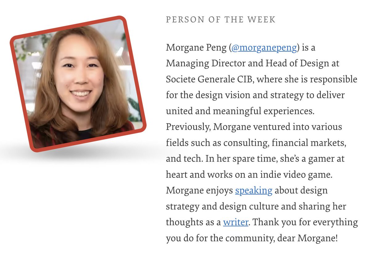 Our Person of the Week is a design exec blending user experience with business strategy in the financial space. Please give a warm round of applause for... Morgane Peng!

Thank you for everything you do for the community, dear @morganepeng!

#smashingcommunity