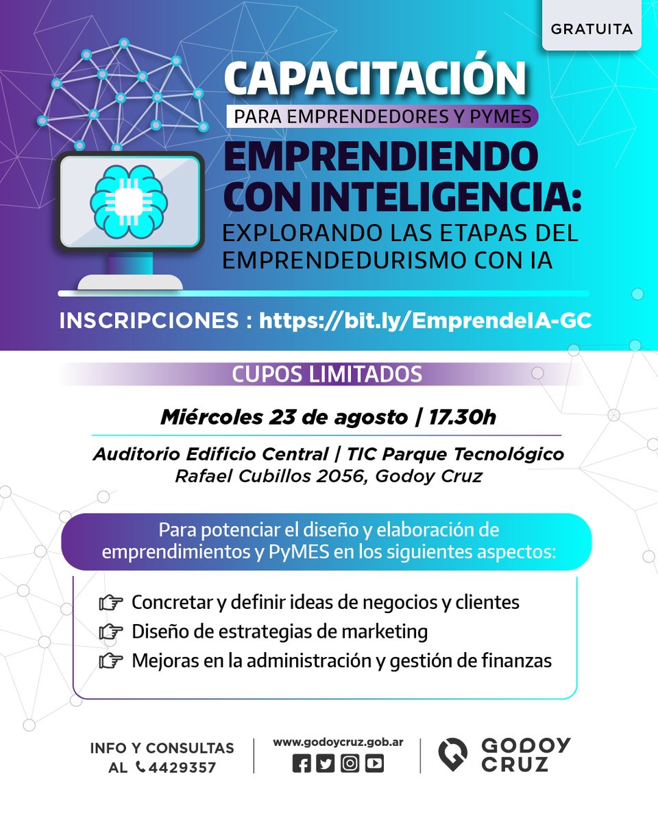 MuniGodoyCruz's tweet photo. 👉 Se realizará una instancia de formación para conocer y aplicar herramientas útiles de la #IA en los emprendimientos
🗓 23/8 a las 17:30h
📍 Auditorio Central del #ParqueTIC
📲 Más info: https://t.co/KcrdCQK30G https://t.co/EOnBd8faIg