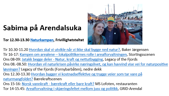 Sabima er aktivt til stede på Arendalsuka. Vår egen spennende lansering av Naturkampen skjer torsdag, men vi stiller også med innlegg og deltakelse i panelsamtaler på syv andre arrangementer tirsdag, onsdag og torsdag. sabima.no/sabima-pa-aren…