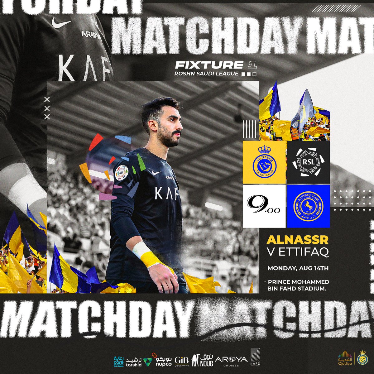 AlNassrFC_EN's tweet image. The Champions Start the League Journey 🙌
@AlNassrFC 🆚 #Ettifaq

🏆 @SPL.
⏱ 09:00 pm. 
🏟 Prince Mohammed Bin Fahd Stadium. 
🗓️ Mon, 14 Aug. 

For another glory.. Let’s go, Nassr! 💪💛