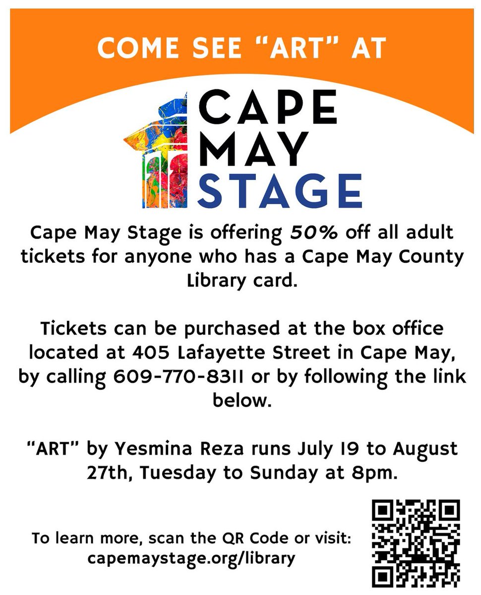 Have you heard about our partnership with
Cape May Stage? Cape May Stage offers 50% off
general admission tickets for adults who have a Cape
May County Library card! It's true! 😍 Click the link in our bio to access the discount! ✨#capemaystage #capemay #njlibraries
