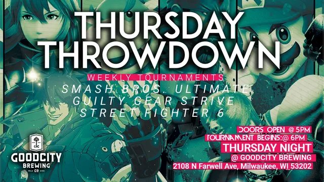 Thursday Throwdown 62 is primed for combat this week at <a href="/GoodCityBrewing/">Good City Brewing</a> (East Side)! Good ol' Smash bros, Strive &amp; SF6! start.gg/ThursThrowdown
#WISMASH #FGC