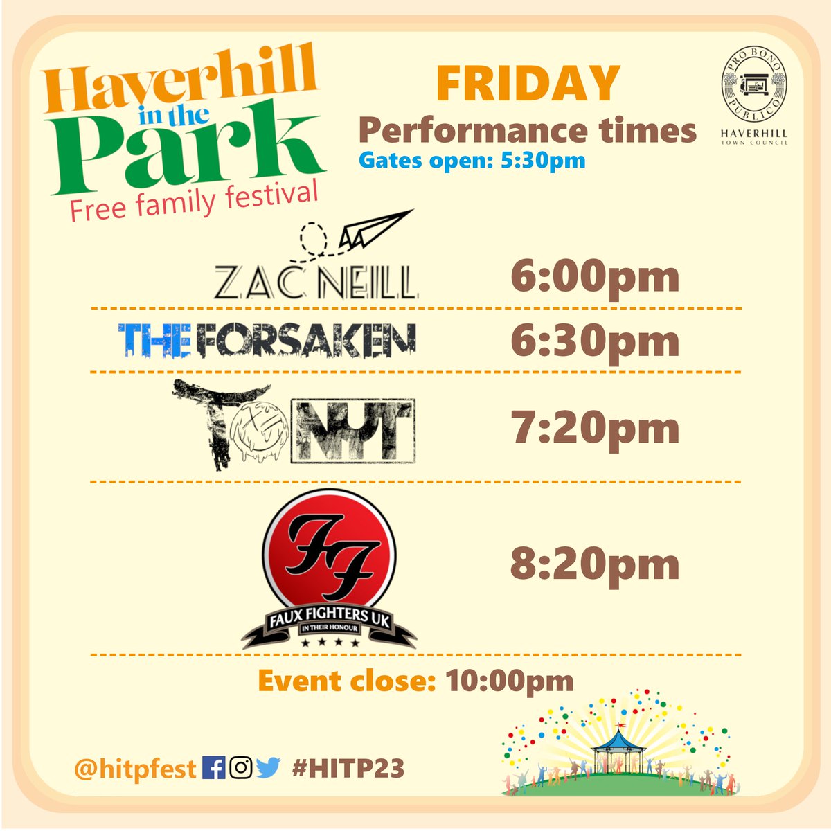 hitpfest's tweet photo. OPENING NIGHT! 🥳 We're ready, are you?
Day 1 gates at 5:30pm, swipe for performance times. 🎸🤘

#HITP23 #HaverhillInThePark #FamilyFestival #SuffolkFestival #CommunityArts #LiveMusic #LocalMusic #Food #Beer #cider https://t.co/uixphsREsK
