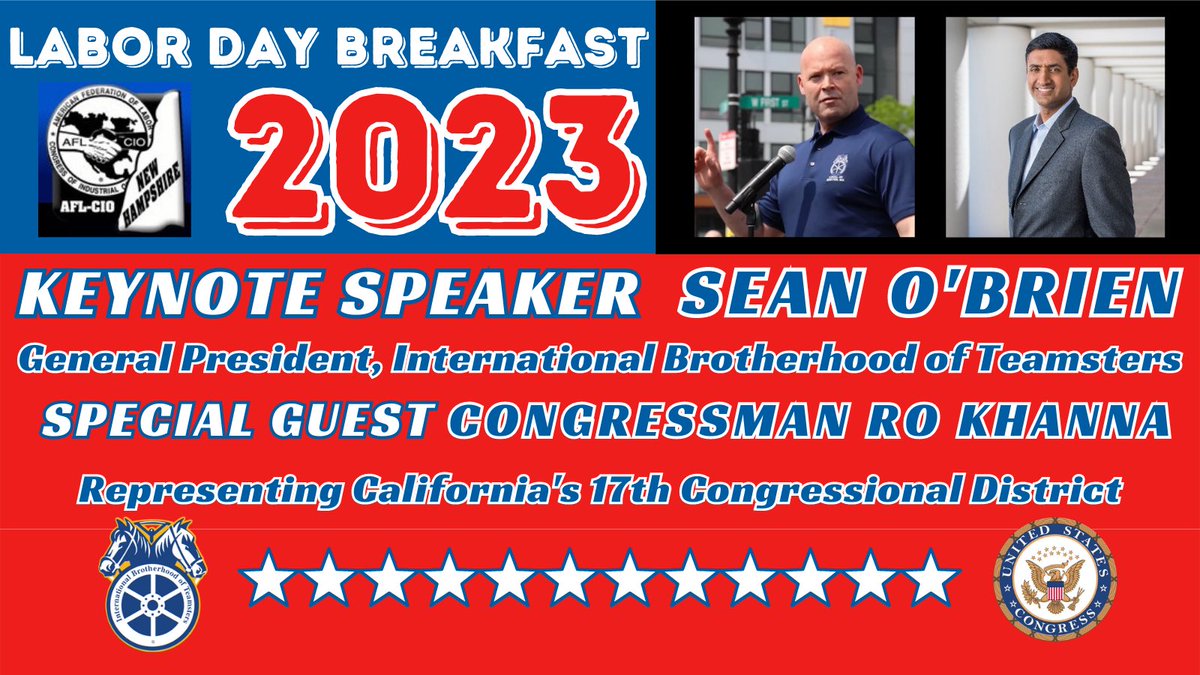 NHAFLCIO's tweet photo. The @NHAFLCIO cannot wait to welcome @TeamsterSOB & @RoKhanna back to the Granite State for our #LaborDayBreakfast on September 4th!
Get your tickets and sponsorship packages today, while they last: https://t.co/eBz6CmLovQ
#NHPolitics #1u #TeamstersStrong #Solidarity https://t.co/gCkLSA9U56