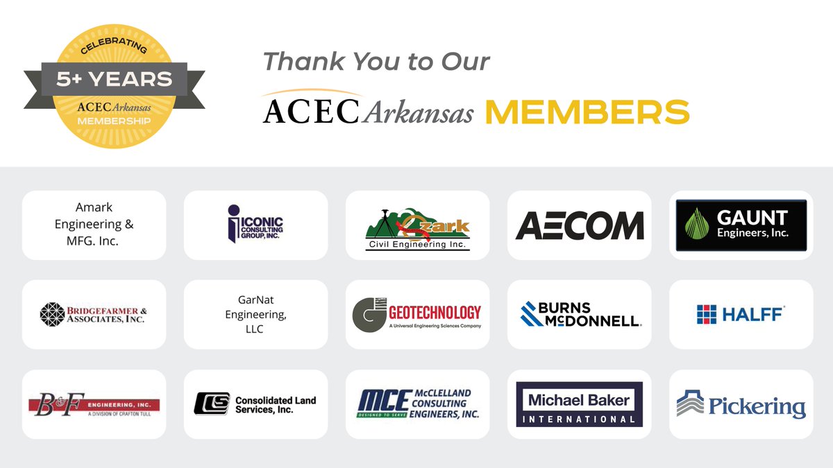 We've got a great group of member firms who have been involved in ACEC Arkansas for over five years. Without their support and engagement, our association wouldn't be as strong.

Thanks for your commitment to ACEC Arkansas!

#arkansasengineers #engineering #acecarkansas #thankyou