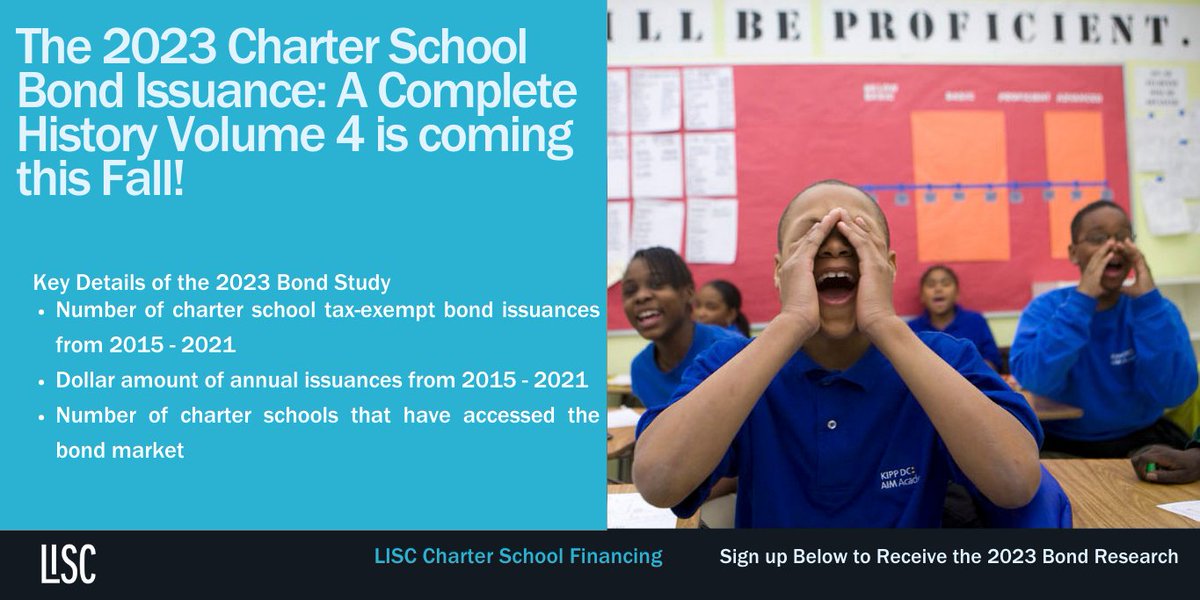 LISCEducation's tweet photo. Are you ready for the release of our @LISC_HQ 2023 bond study? Since 1998, charter schools have undertaken $34 billion in tax-exempt bonds for 1,900 bond transactions. Sign up below to receive our 2023 bond study! https://t.co/WKY8Bx2ZGR #charterschools #authorizers #bonds https://t.co/dLV00hLonE