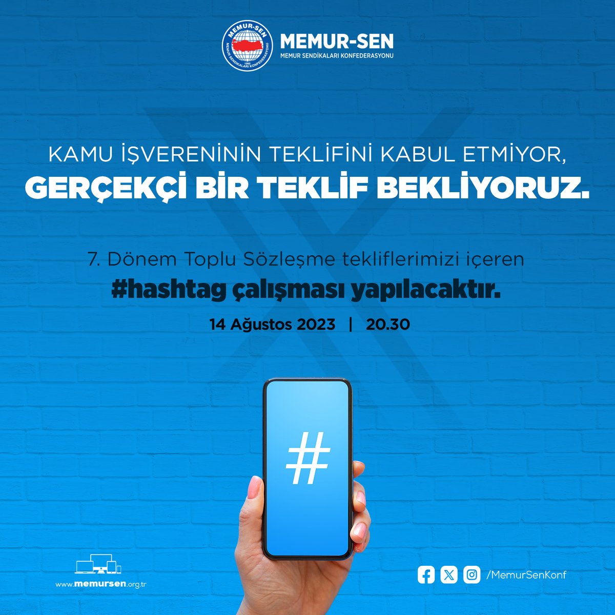 Kamu İşvereninin Teklifini Kabul Etmiyor, Gerçekçi Bir Teklif Bekliyoruz.

Twitter’da bu akşam saat 20.30’da 7. Dönem Toplu Sözleşme tekliflerimizi içeren #hashtag çalışması yapılacaktır. 

Katılım ve desteklerinizi bekleriz.