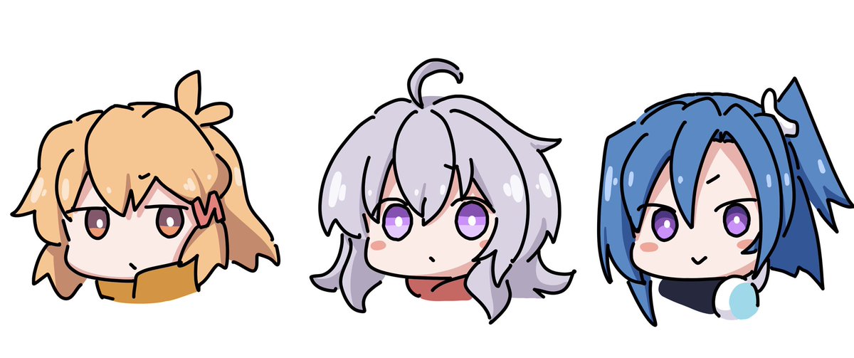 kazanari tsubasa ,tachibana hibiki (symphogear) ,yukine chris 3girls multiple girls one side up purple eyes blue hair ahoge white background  illustration images