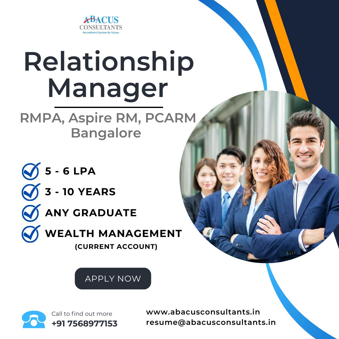 abacusconsultan's tweet photo. We are Hiring Relationship Managers - RMPA, ASPIRE RM, PCARM, BANGALORE

Package: 5 - 6 LPA
Experience: 3 - 10 Yr.
location: Bangalore
Skills: Wealth Management- Current Account

Apply https://t.co/6g7fJcvTbs

#job #bankingjobs #bankingcareers #abacusconsultants #abacushiring https://t.co/7ngBB1Sk4E