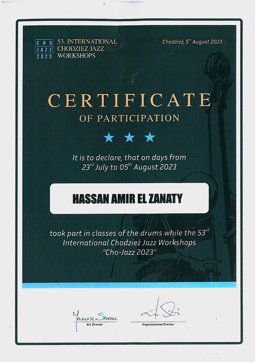 amrellzanaty's tweet photo. Certificate of Appreciation From International Chodzież Jazz workshops , Cho -Jazz 2023 
#musicians #percussionist #certificate #appreciation #drummer #musicianship #musician #jazzworkshop #jazzmusic #workshop #music #picoftheday #polskamuzyka #muzyka #katowice #polska #chodzież https://t.co/NiZrC60uoe