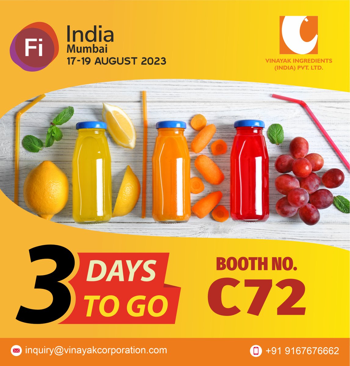 VinayakCorp's tweet image. Fi India is a unique opportunity to meet with connections, experts, professionals, and pioneers from the Food industry. 
We are happy to invite you to the 17th edition of India's leading Food ingredients event, Fi India. #booth_c72

#ecocol #naturalfoodcolor #vinayakcorporation