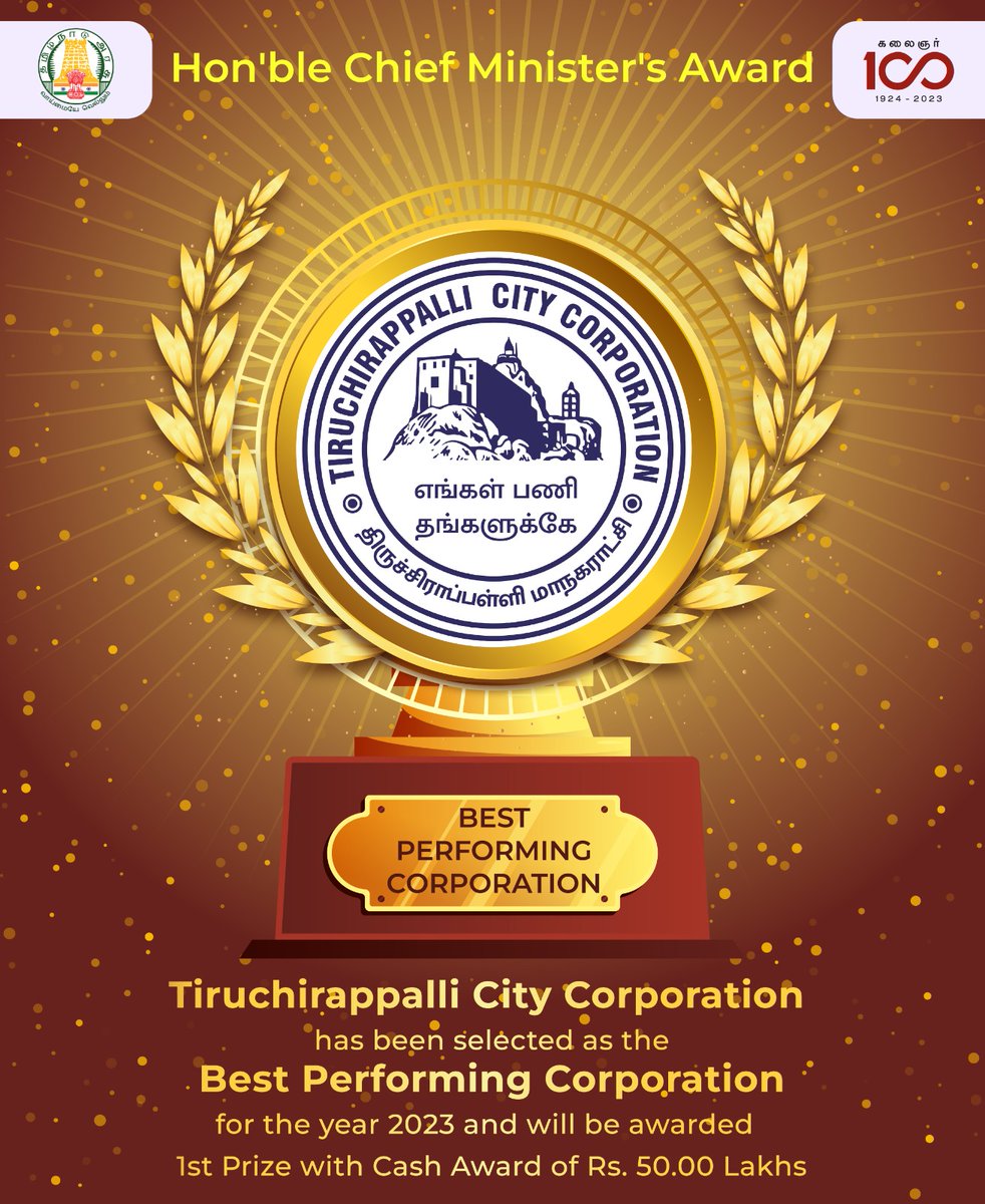 Hon'ble Chief Minister's Award 2023 for Best Performing Corporation - Tiruchirappalli City Corporation has been selected as the Best Performing Corporation for the year 2023 and will be awarded 1st Prize with Cash Award of Rs. 50 Lakhs. Award to be presented on the occasion of