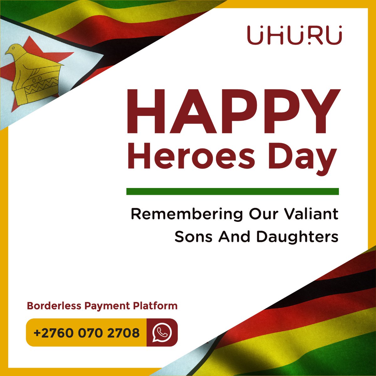 uhuruwallet's tweet photo. Let us celebrate with pride the service rendered to the nation by our fearless and selfless warriors. Happy Defence Forces Day๐ฟ๐ผ #HappyDefenceForcesDayZim #UhuruWallet #BorderlessPaymentPlatform https://t.co/lwrJOyMMXz