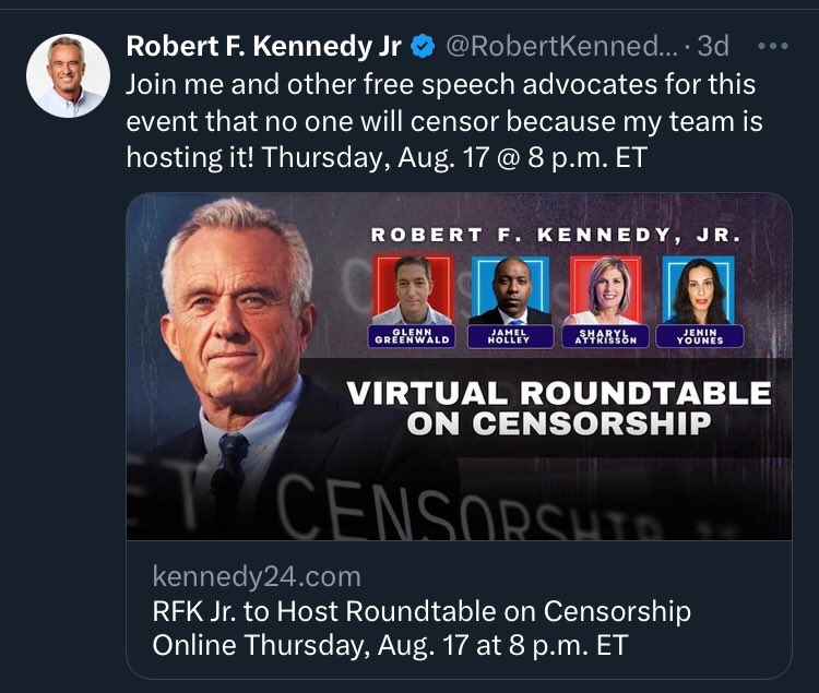 TannersDad's tweet photo. Free #X Elon @elonmusk @X @lindayaX Allow Presidential Candidate #RFKjr earned reach and followers. “Talk of Freedom is cheap when the public still sees and feels the censorship.” - TannersDad Tim Welsh @SharylAttkisson @RobertKennedyJr @unhealthytruth @JoeRogan #ReturnOurReach https://t.co/4CrrZmQJQG