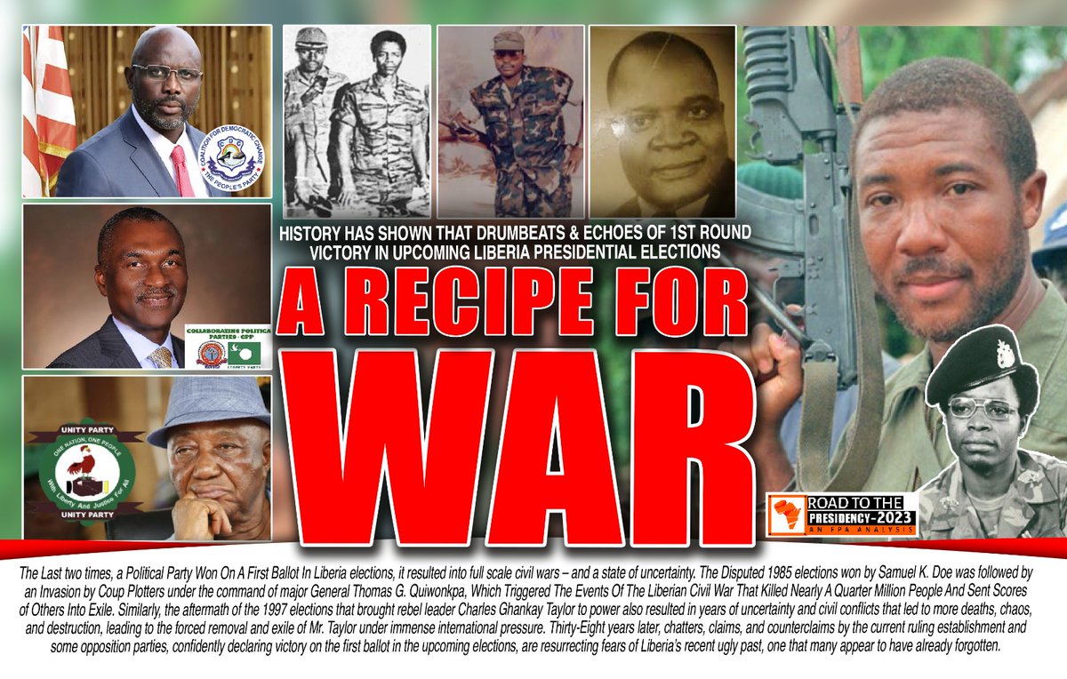 liberiapp's tweet photo. Highly recommended reading! An interesting analysis of past elections 1985, 1997, which each were a prelude to civil war #SamuelDoe #CharlesTaylor #Liberia #Elections2023 https://t.co/q5y1edA1ME