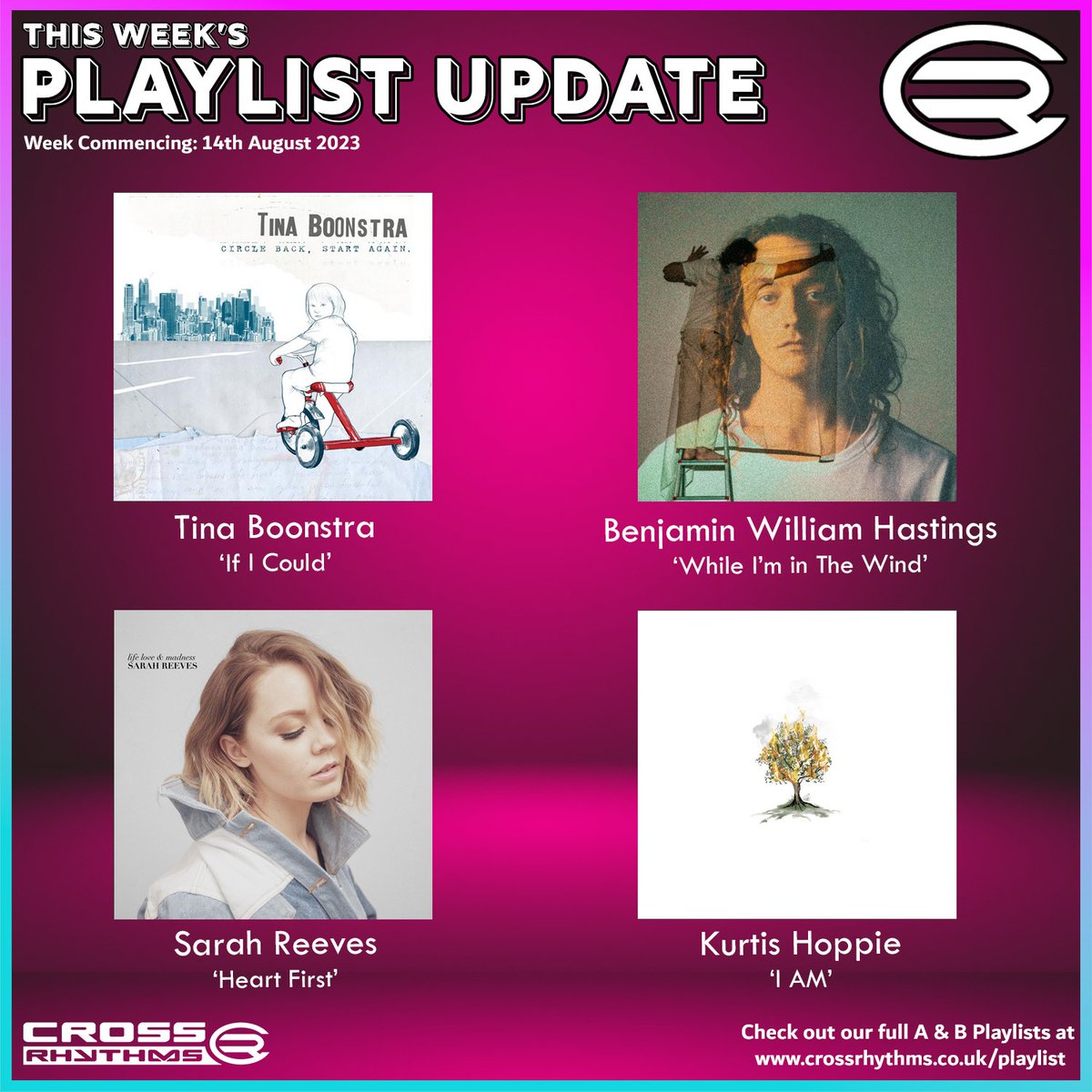 CRCityRadio's tweet photo. Happy Monday!
It's time for a playlist update!

Four new tracks coming into our rotation this week, from @sarahreeves, @TinaBoonstra, @TheKurtisHoppie and Benjamin William Hastings!

Listen out for them on air, and have a look at our full playlists at https://t.co/K6Nt6XcqE2 https://t.co/8rvo6zFXdH