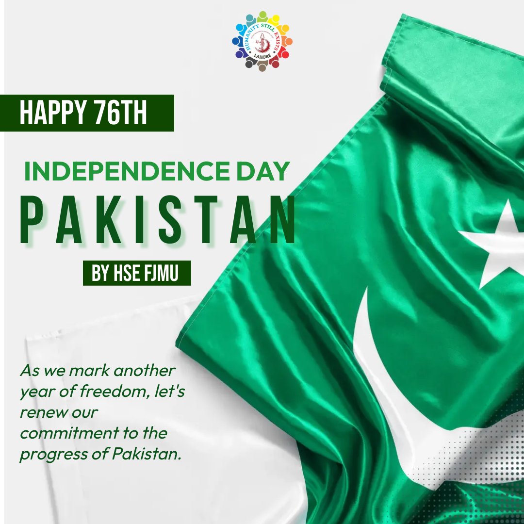 HseFjmuLc's tweet photo. HSE FJMU Wishing you all a joyous Pakistan Independence Day! May your day be filled with pride and happiness! Let’s work hard together for a better Pakistan!🇵🇰🎉 https://t.co/6vxvuK6LoP