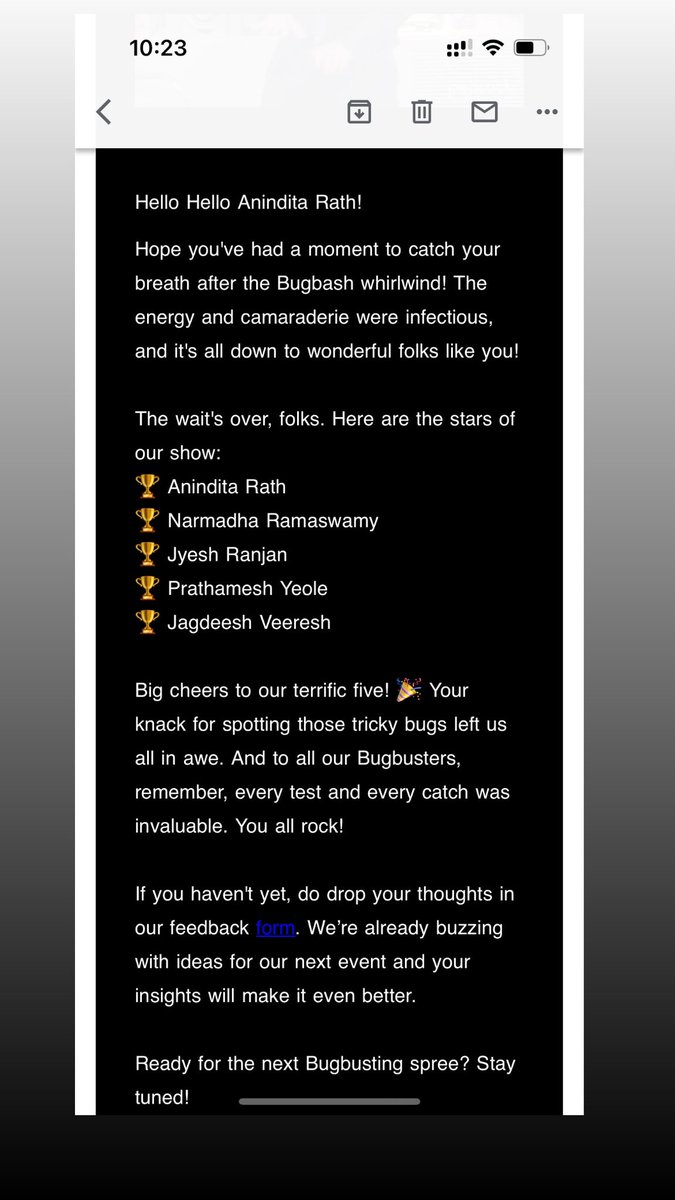 rath_anindita's tweet photo. BugBash event by @devzery 🐞
Had a lot of fun !! 
On top of that winning was an absolute honour !!🥳🥇

#bugbash #bugathon #weekendlearning #winning https://t.co/MPOnlfofub