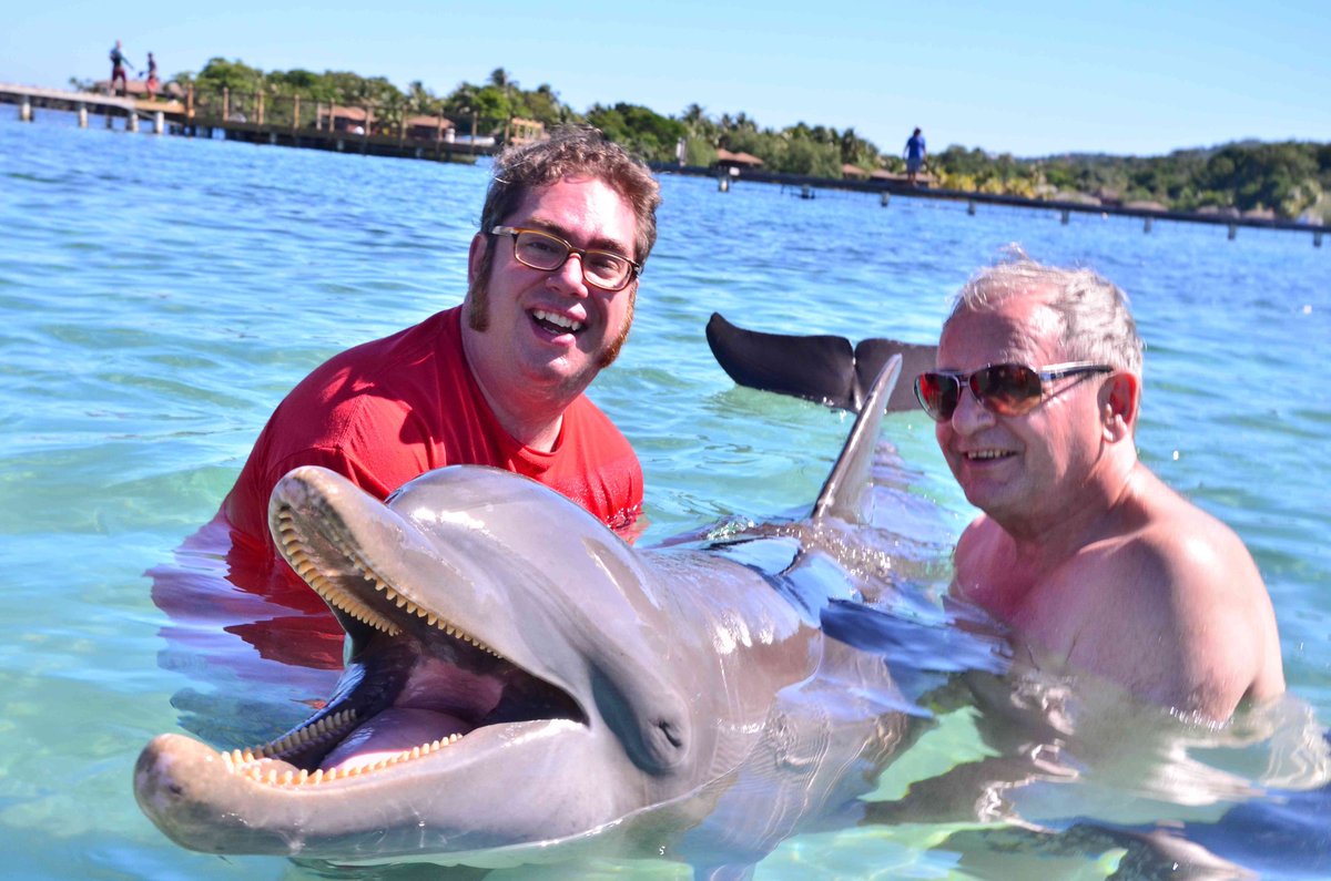 4SylvesterMcCoy's tweet photo. Day15 #BirthdayBuildup - let's go aquatic again today! Here's Maury the Dolphin with Sylv & fellow cruiser Stephen Ballew on the 50th anniversary year Who Cruise at the Roatan Institute of Marine Science in Roatan, Honduras. #20August #80 #Birthday https://t.co/tyYE5qjAoA