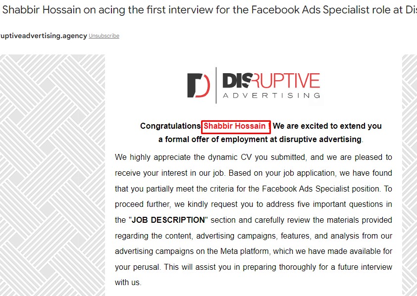 alhamdulillah job interview invitation.
#digitalamarketing
#digitalamarketingexpart
#digitaladvertising
#facebookads
#facebookmarketing
#facebookadvertising
#facebookadscampaign
#facebookadsmanager
#facebookpromotion
#facebookleads