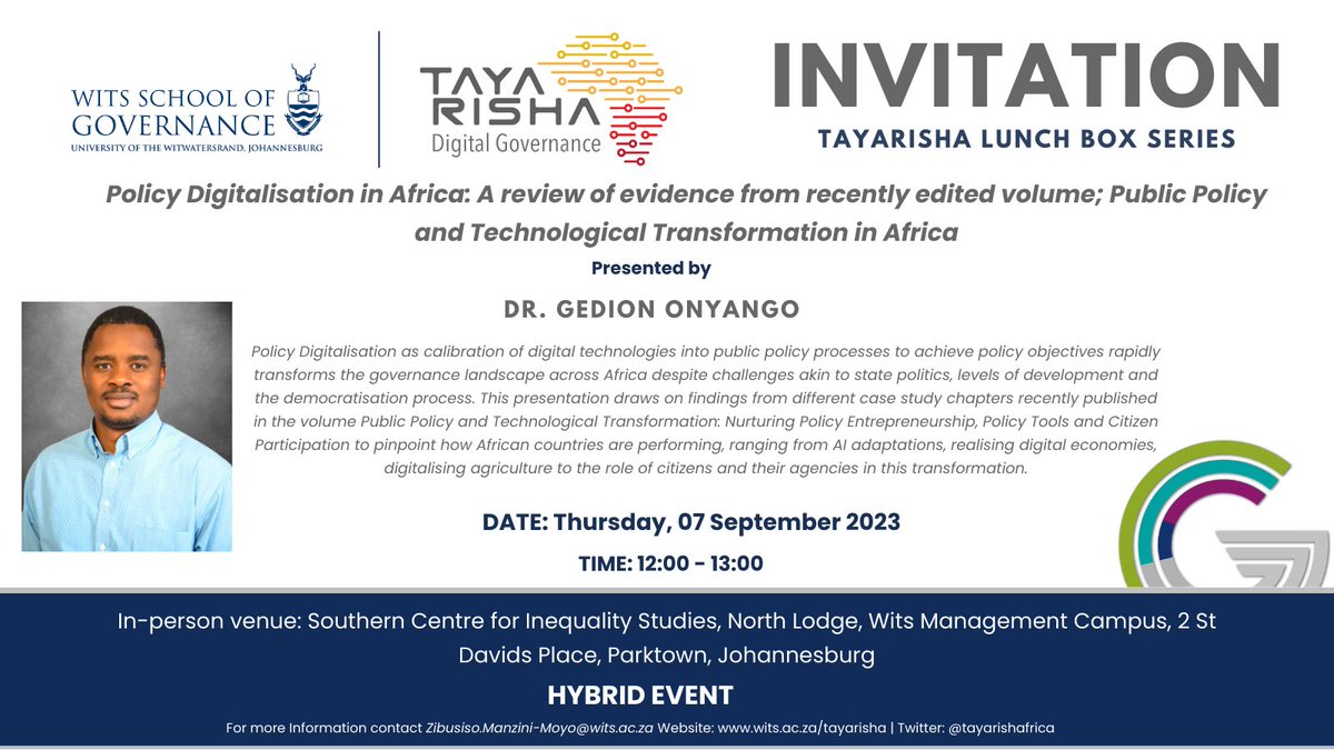 INVITATION: Join us for our next installation of the Tayarisha Lunch Box Series with Gedion Onyango on Thursday 07 September 2023 from 12:00 – 13:00 (SAST).