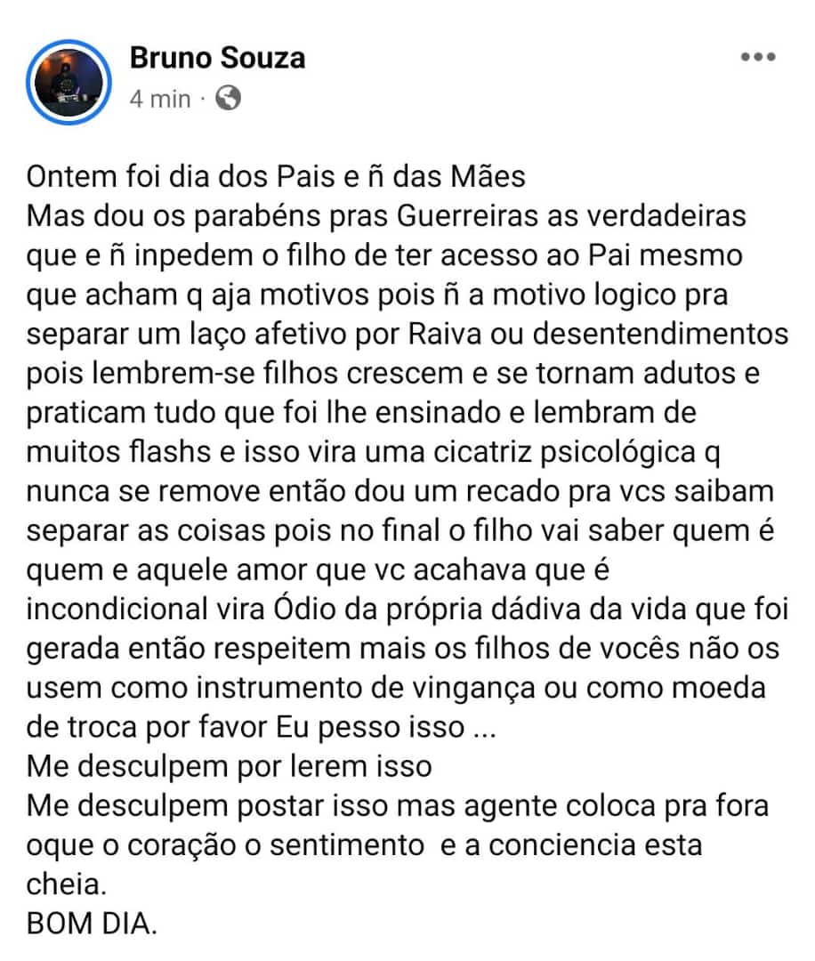 Acredito que muitos pais estão passando pela mesma situação que a minha 
É foda vc andar certo em dia com a pensão e mesmo assim ser proibido de ter convívio com o filho nem por ligação e muito menos ver...
Mais Deus tá no controle.
