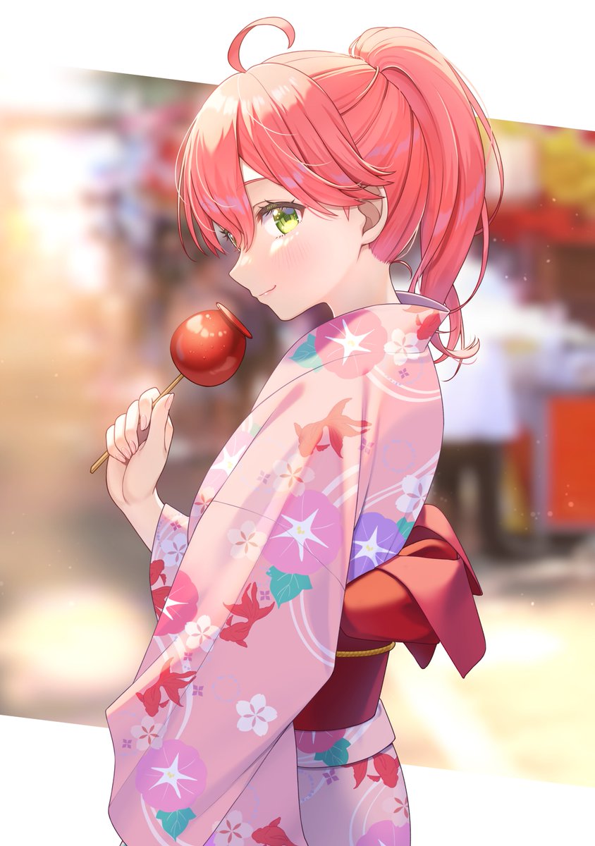 sakura miko 1girl food candy apple japanese clothes ahoge kimono solo  illustration images