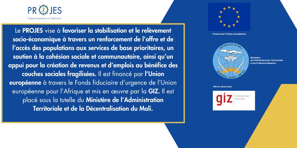 Depuis 2018,  Le <a href="/MaliProjes/">PROJES MALI</a>  financé par <a href="/UEauMali/">UE au Mali</a> et mis en oeuvre par la <a href="/giz_gmbh/">GIZ</a>, accompagne le renforcement de la stabilisation et le relèvement socio-économique du Mali. Il est placé sous la tutelle <a href="/matd_mali/">Ministère de l'Administration Territoriale - MALI</a>.