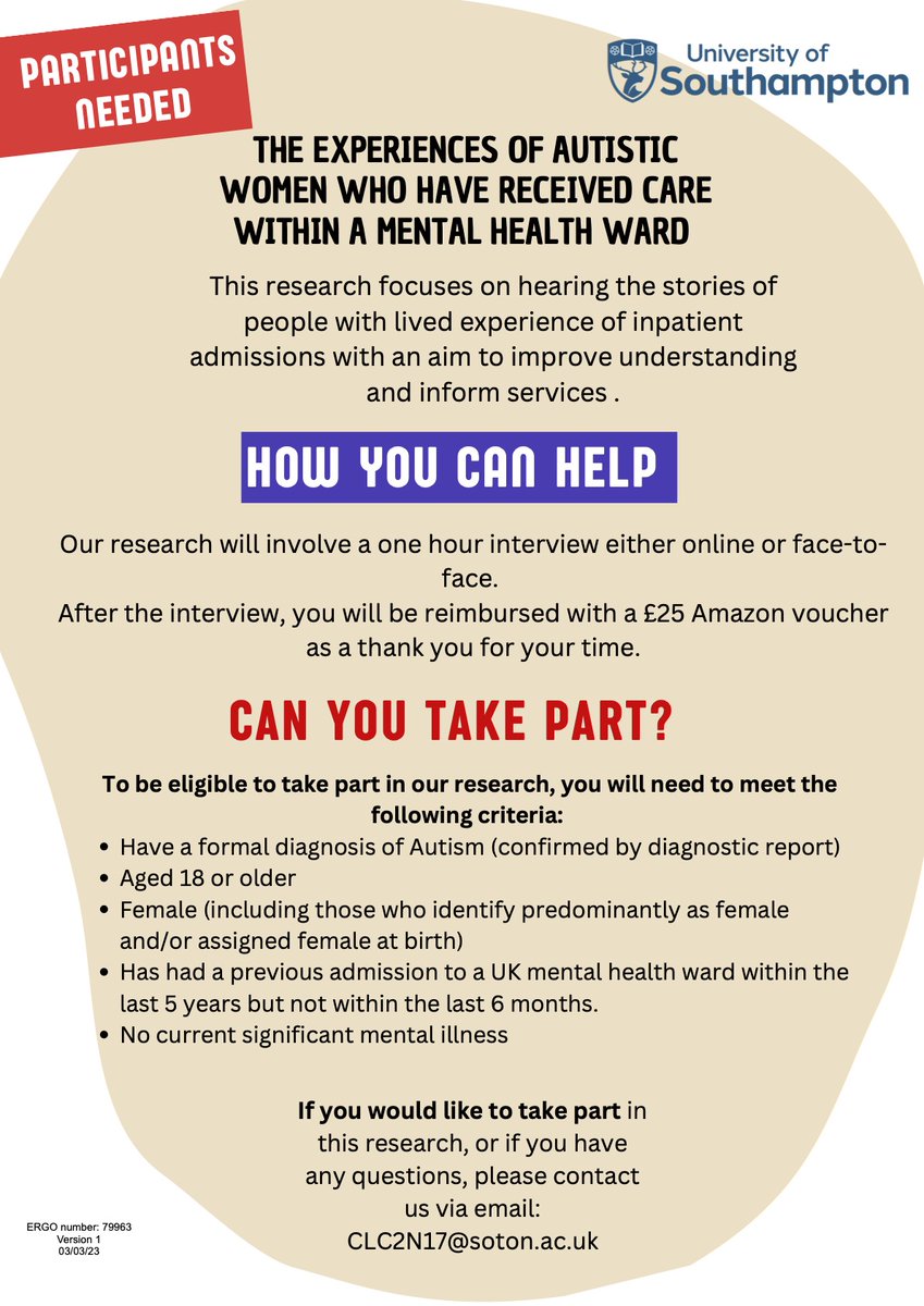 ChloCharnick's tweet photo. I am recruiting participants for research exploring the experiences of autistic women who have had an admission to an acute mental health ward. Participation will include an interview for up to an hour. If you are interested, please email clc2n17@soton.ac.uk. Thank you! https://t.co/YJIfNZbeV3