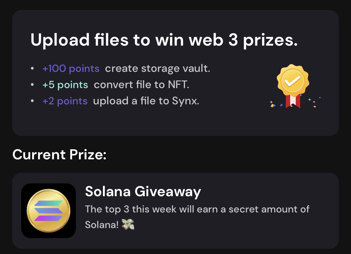Prizes this week for the top 3 are straight @solana 🤑 Get involved! linktr.ee/synxstorage