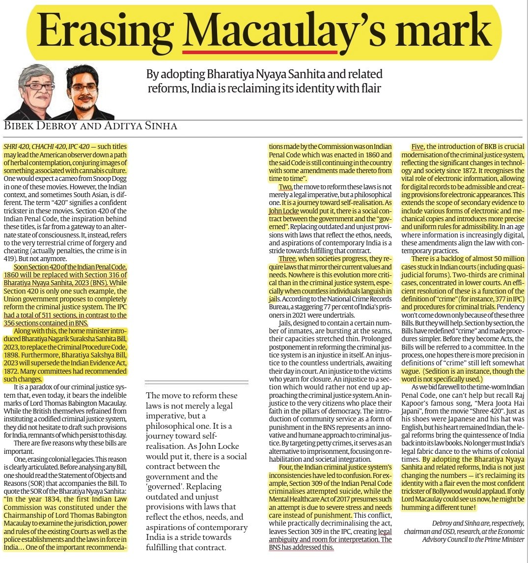 UPSCPCS360's tweet photo. Erasing Macaulay's mark

Source: Indian Express 

Centre brings Bills to replace IPC, CrPC, Evidence Act

GS 2: Polity and Governance

#UPSC #IPC #CrPCAmendmentBill 
#IndianEvidenceAct #CRPC https://t.co/H4Q87sprQQ