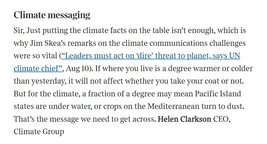 'Just putting the climate facts on the table isn't enough'. Great to see @ClimateGroup CEO @hl_clarkson's letter in @thetimes responding to the new head of @IPCC_CH @JimSkeaIPCC's interview with @adamvaughan_uk