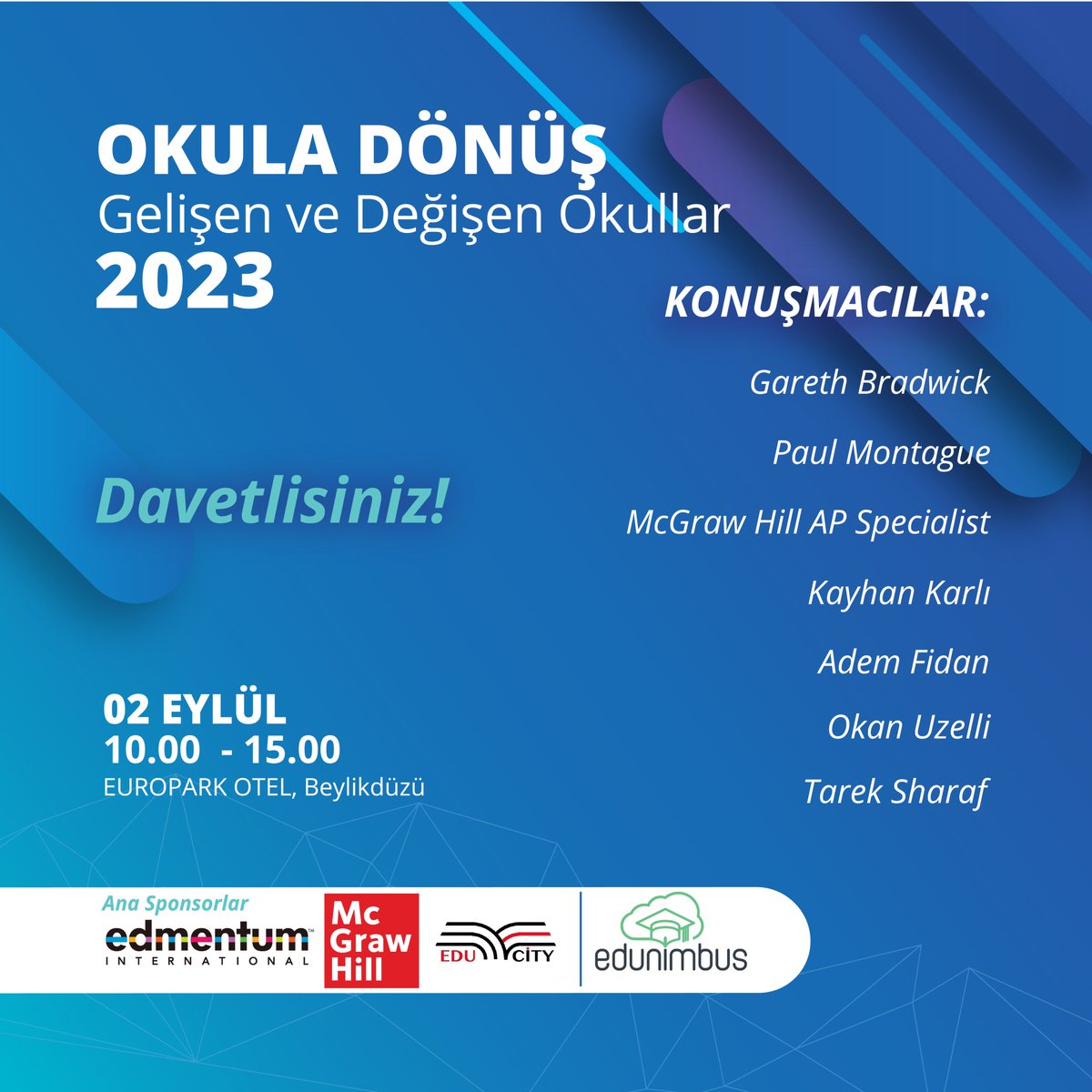2 Eylül Cumartesi günü "Eğitimde Sınırların Kaldırılması, Uluslararası Akreditasyon, Okulların İyileştirilmesi ve Günümüzde Eğitimin Değişimi" hakkında konuşacağız.

Sizleri de aramızda görmeyi, sizlerle beraber fikir egzersizi yapmayı çok isteriz.

#OkulaDönüş #BacktoSchool