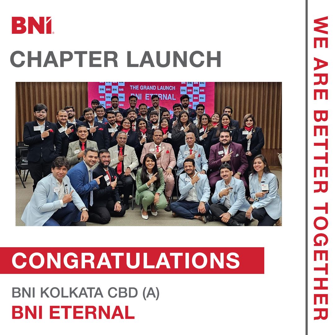 We are delighted to announce the launch of the 24th chapter of BNI Kolkata CBD (A), BNI ETERNAL with 30 members & 18 visitors Many congratulations to EDs Rahul Agarwal, Rahul Mohata & Bimal Samal #BNI #BNIIndia #BNIKolkata #BNIChapters #BNIMembers #ReferralsForLife 2d